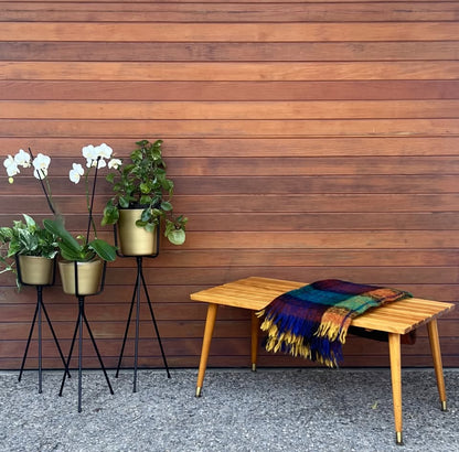 MID CENTURY VINTAGE SLAT BENCH SPLAY LEG BENCH W/ BRASS FERRULES
