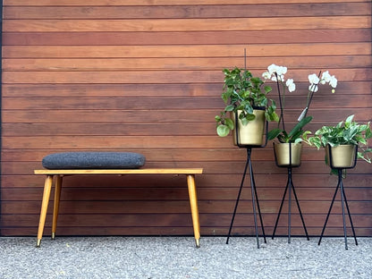 MID CENTURY VINTAGE SLAT BENCH SPLAY LEG BENCH W/ BRASS FERRULES