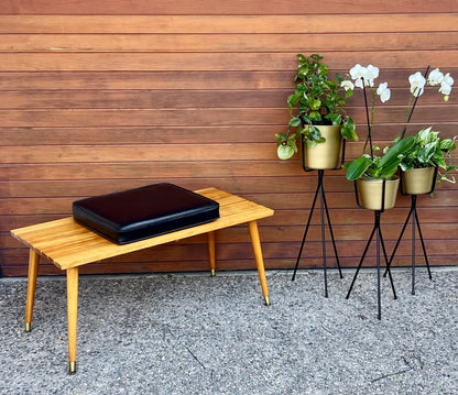 MID CENTURY VINTAGE SLAT BENCH SPLAY LEG BENCH W/ BRASS FERRULES