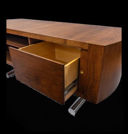 STUNNING CURVED SEAMLESS TAMBOUR DOOR UNIQUE WALNUT BUFFET /SERVER /OFFICE /MEDIA / CREDENZA ON CHROMED STEEL CANTILEVER LEGS