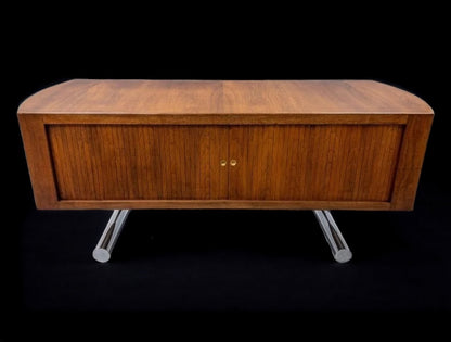 STUNNING CURVED SEAMLESS TAMBOUR DOOR UNIQUE WALNUT BUFFET /SERVER /OFFICE /MEDIA / CREDENZA ON CHROMED STEEL CANTILEVER LEGS