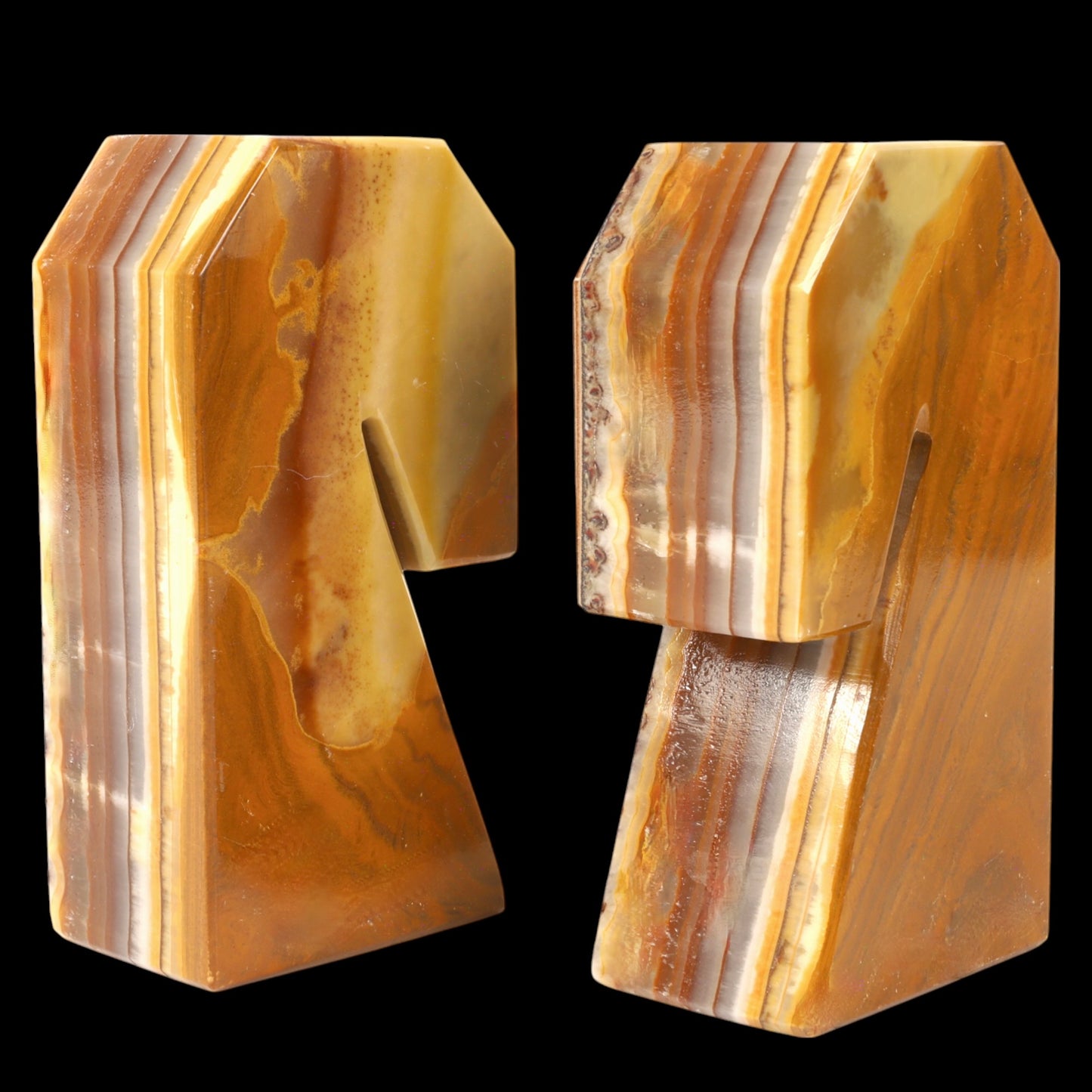 GORGEOUS PAIR OF ABSTRACT ONYX STONE HORSE HEAD BOOKENDS