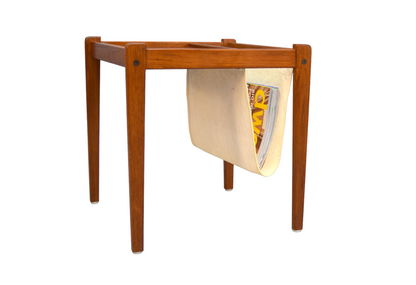 BRDR FURBO TEAK SIDE TABLE w/LINEN MAGAZINE | CRAFT OR RECORD SLING