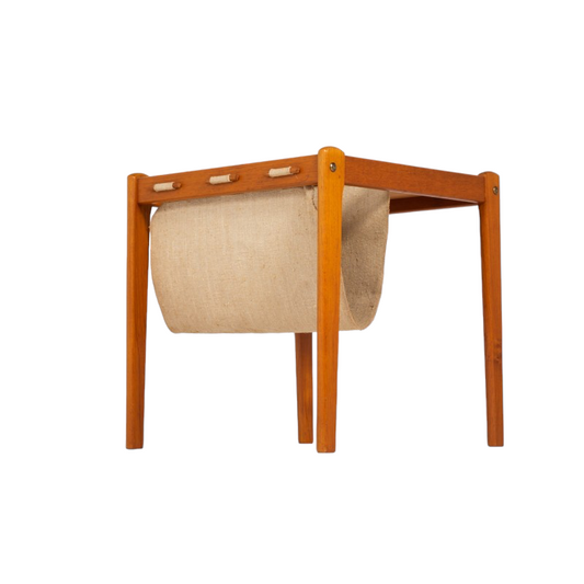 BRDR FURBO TEAK SIDE TABLE w/LINEN MAGAZINE | CRAFT OR RECORD SLING