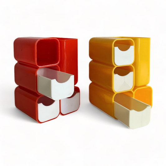 VINTAGE PLASTIC DESK CADDY/ORGANIZER by HOF HONG KONG 1970S- RED/ YELLOW & WHITE