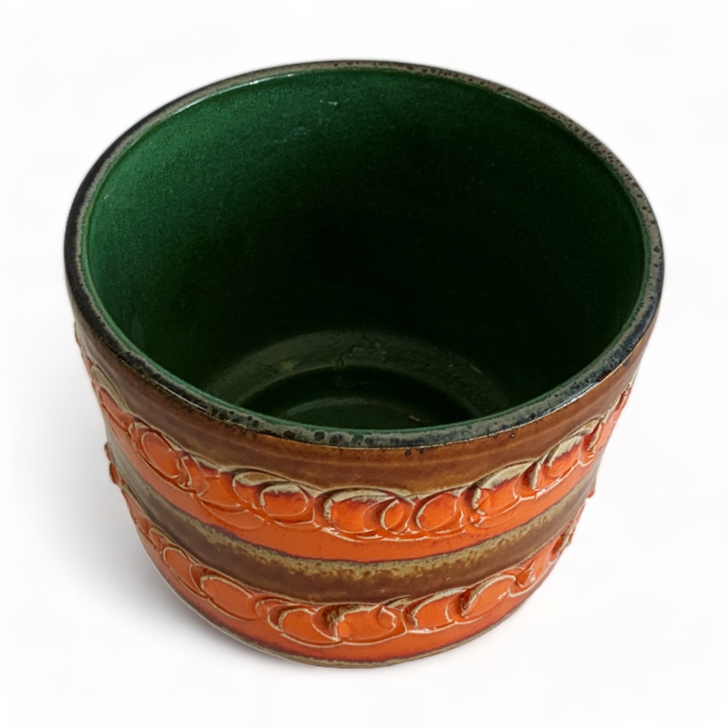 MID-CENTURY ORANGE & BROWN EMBOSSED PATTERN PLANT POT