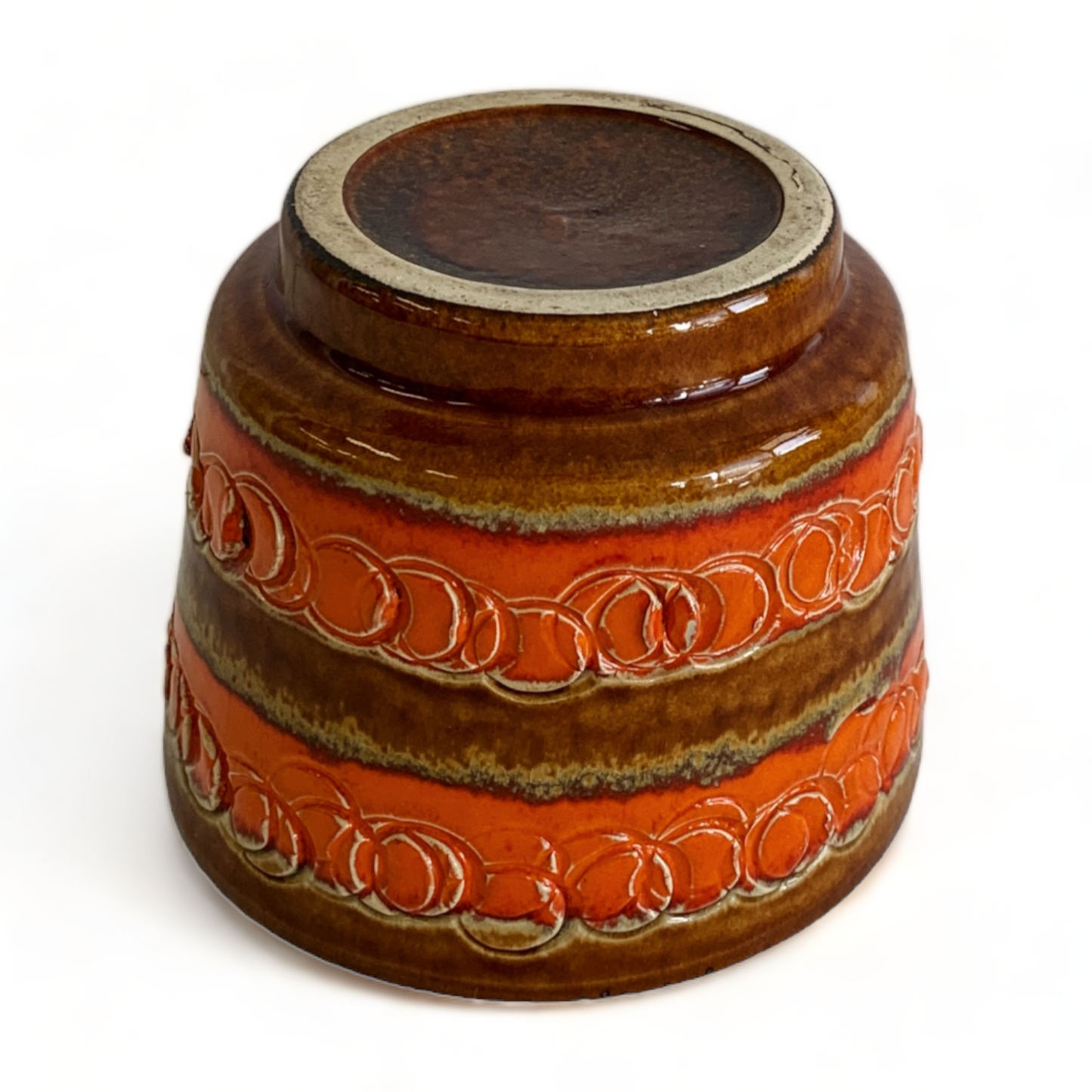 MID-CENTURY ORANGE & BROWN EMBOSSED PATTERN PLANT POT