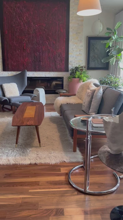 GORGEOUS EXOTIC WOOD SURFBOARD COFFEE TABLE w/ SPLAYED BRASS CAP TAPERED PEG LEGS/ CENTRAL CONTRAST EXOTIC WOOD INLAY & STORAGE DRAWER