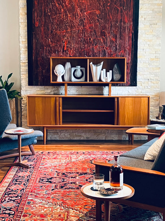 SCANDINAVIAN TEAK CREDENZA/BUFFET SERVER w/ SLIDING GLASS DOOR TOPPER