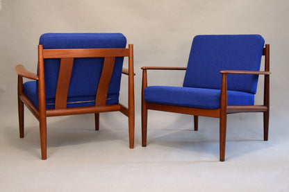 RARE PAIR SOLID TEAK GRETE JALK FOR FRANCE AND SON MODEL 119 PROFESSIONALLY REUPHOLSTERED IN MAHARAM