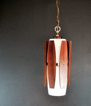 OPAQUE MILK GLASS AND TEAK OR WALNUT MID CENTURY MODERN SWAGGED HANGING PENDANT
