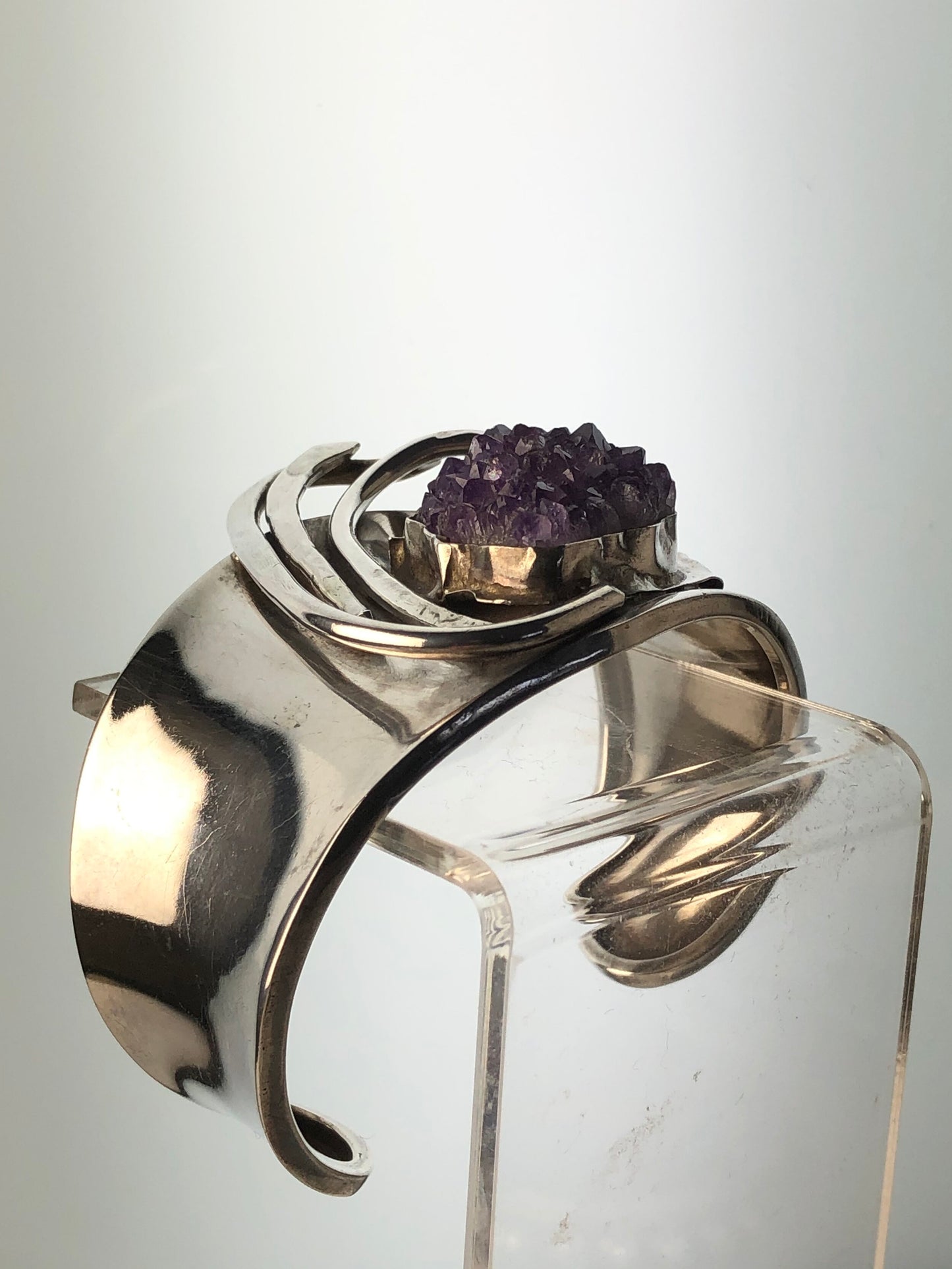 ORGANIC STYLE BRUTALIST RAW AMETHYST & STERLING SILVER ARTISAN CUFF BRACELET MODERNIST