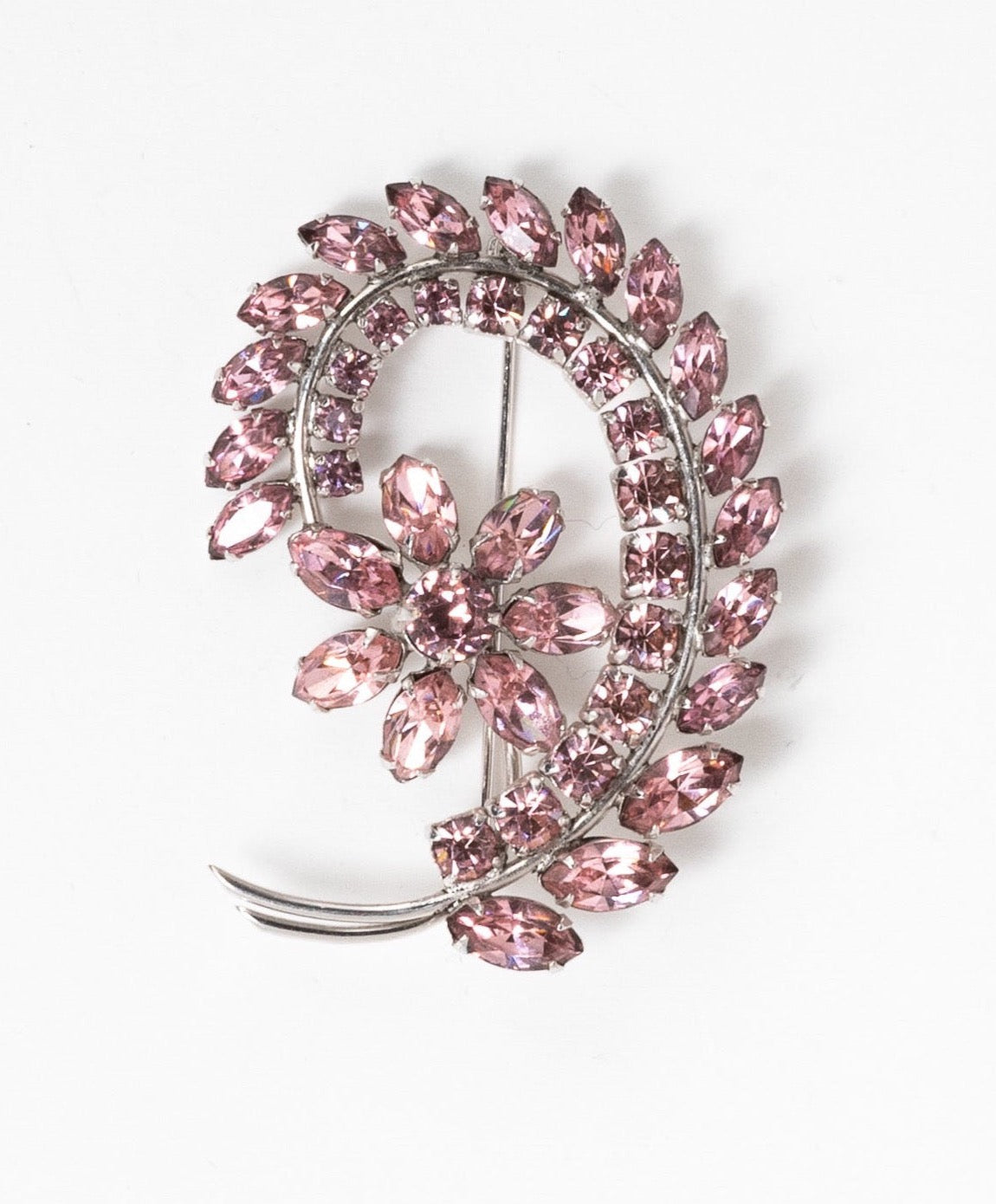 RARE SIGNED VINTAGE SHERMAN PALE PINK RHODIUM BACKED FIGURAL FLOWER BRANCH BROOCH |