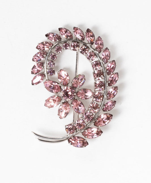 RARE SIGNED VINTAGE SHERMAN PALE PINK RHODIUM BACKED FIGURAL FLOWER BRANCH BROOCH |