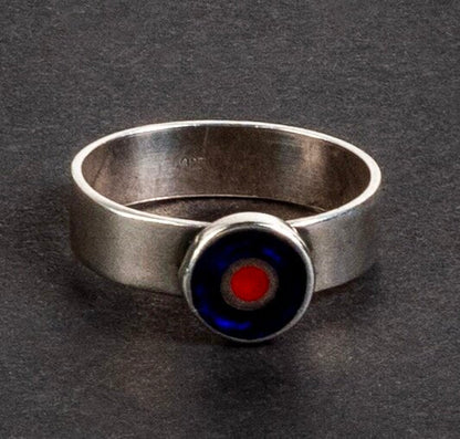 STERLING SILVER RED/BLUE ENAMEL BULLSEYE TARGET MODERNIST STUDIO CRAFT RING SIZE 7.75 - 8