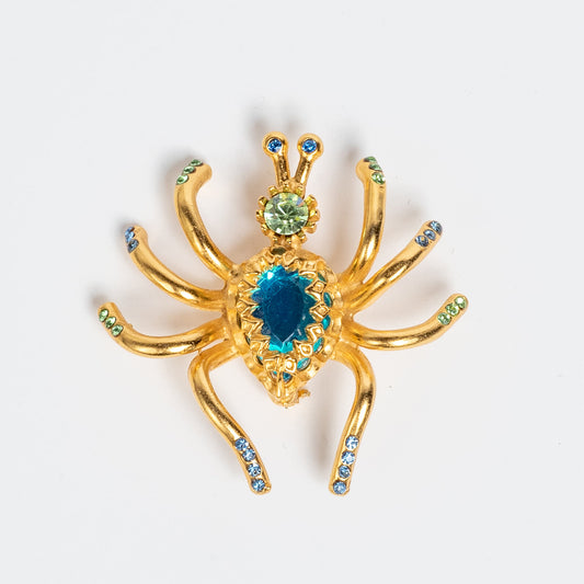 BLUE AQUA and GREEN RHINESTONE GRECIAN GOLDTONE SPIDER BROOCH/PIN