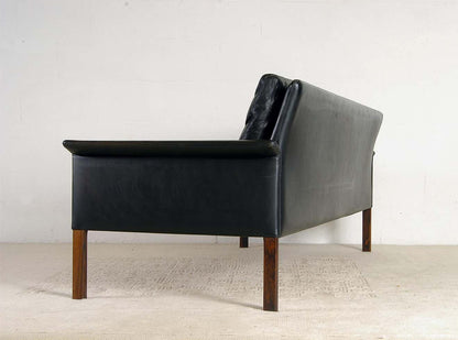 HANS OLSEN BLACK LEATHER / DOWN CUSHIONS 3 SEATER SOFA COUCH #500 SET
