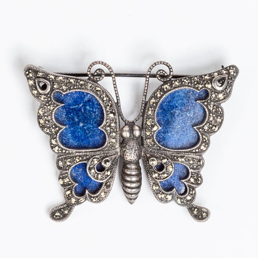 BEAUTIFUL STERLING/ MARCASITE & LAPIS BUTTERFLY BROOCH/PIN