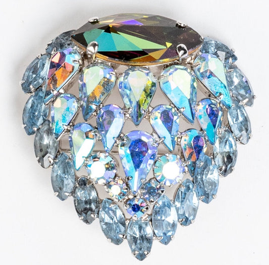 WOWSA RHODIUM PLATED BACK PRONG SET BLUE & AURORA BOREALIS RHINESTONE BROOCH/ PIN