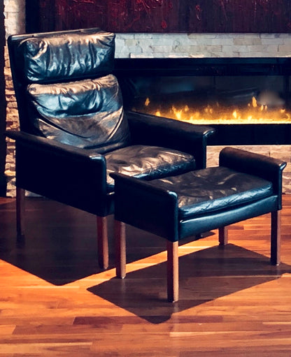 HANS OLSEN BLACK LEATHER DOWN CUSHIONS HIGH BACK LOUNGE CHAIR w/ FOOTSTOOL