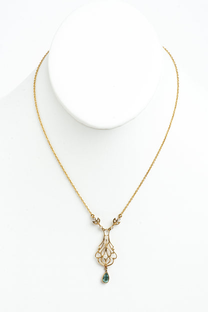 ART NOUVEAU GOLD SEMI PRECIOUS STONE & SEED PEARL NECKLACE
