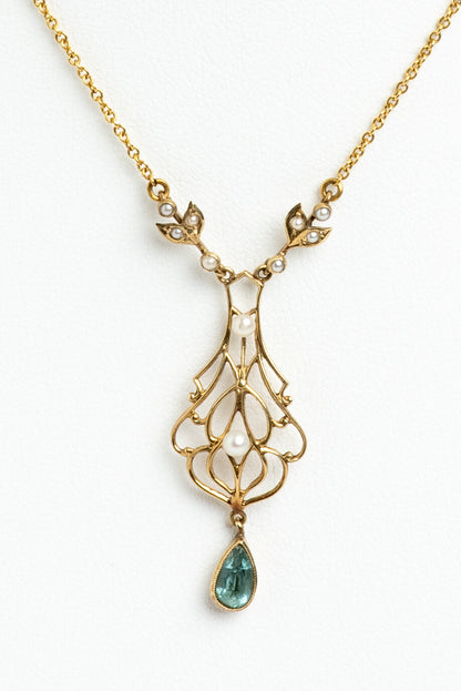 ART NOUVEAU GOLD SEMI PRECIOUS STONE & SEED PEARL NECKLACE