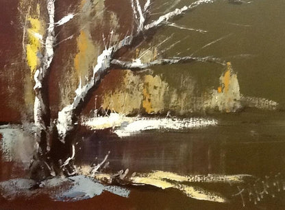 HUGE MID CENTURY GOLDEN SNOWSCAPE ON THE WATER PAINTING