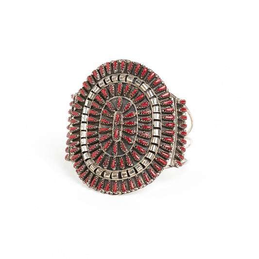 VINTAGE SIGNED NAVAJO VIOLET & JEFFREY BEGAY STERLING SILVER & CORAL INDIGENOUS CRAFT 'NEEDLEPOINT' CUFF BRACELET