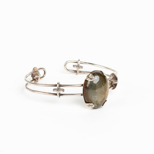 SCULPTURAL STERLING SILVER 925 MODERNIST CUFF BRACELET w/ STONE