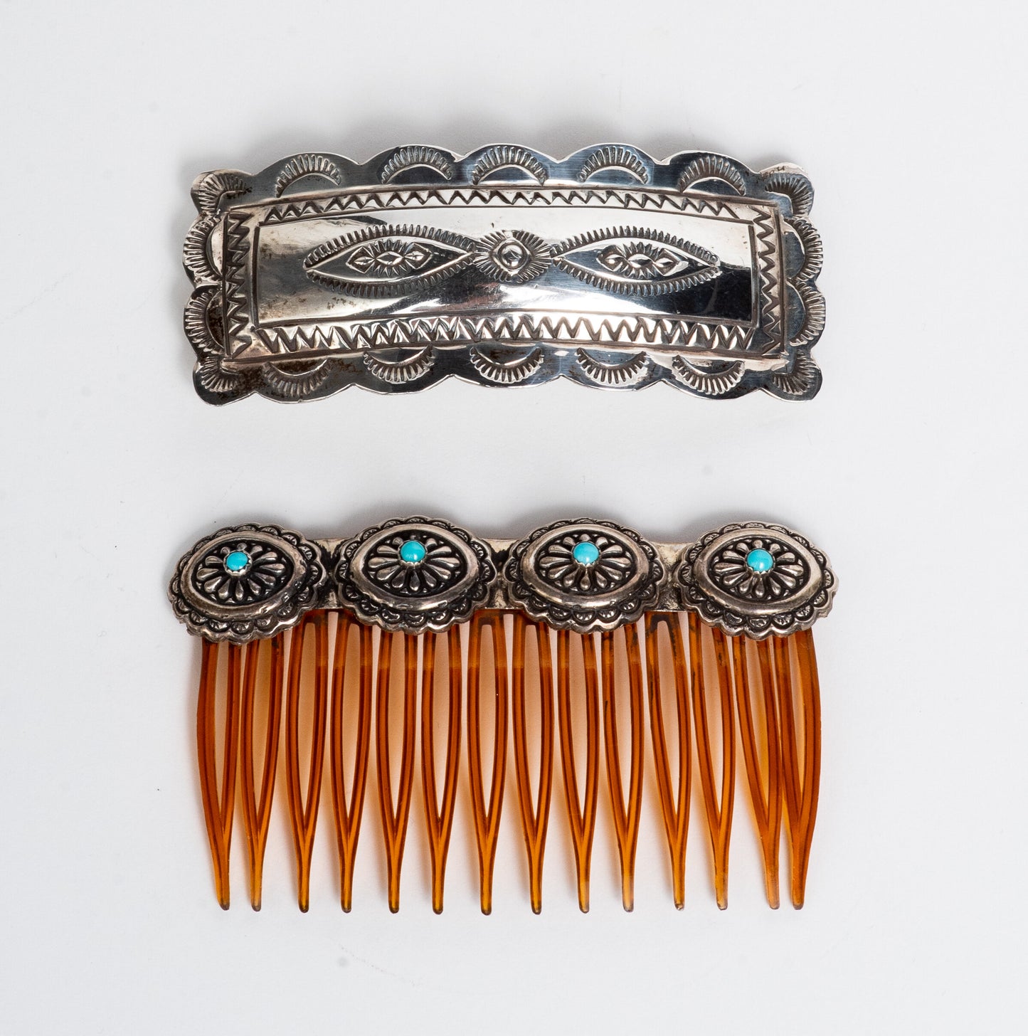 VINTAGE SILVER, TURQUOISE EMBELLISHED HAIR COMB JEWELRY