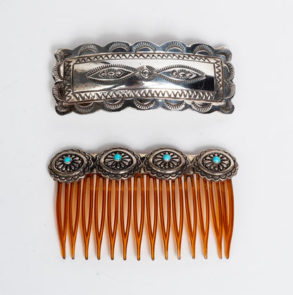 VINTAGE SILVER, TURQUOISE EMBELLISHED HAIR COMB JEWELRY