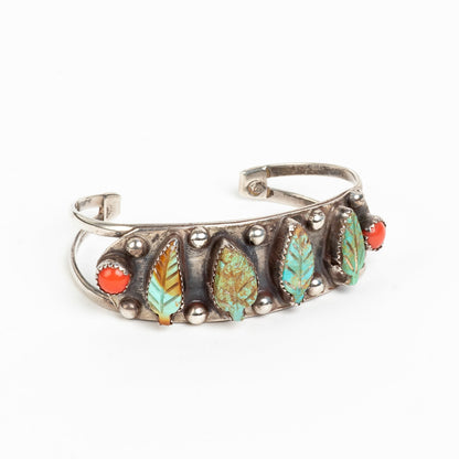 BEAUTIFUL VINTAGE ARTISAN CUFF SILVER, w/ CARVED TURQUOISE & CORAL BRACELET