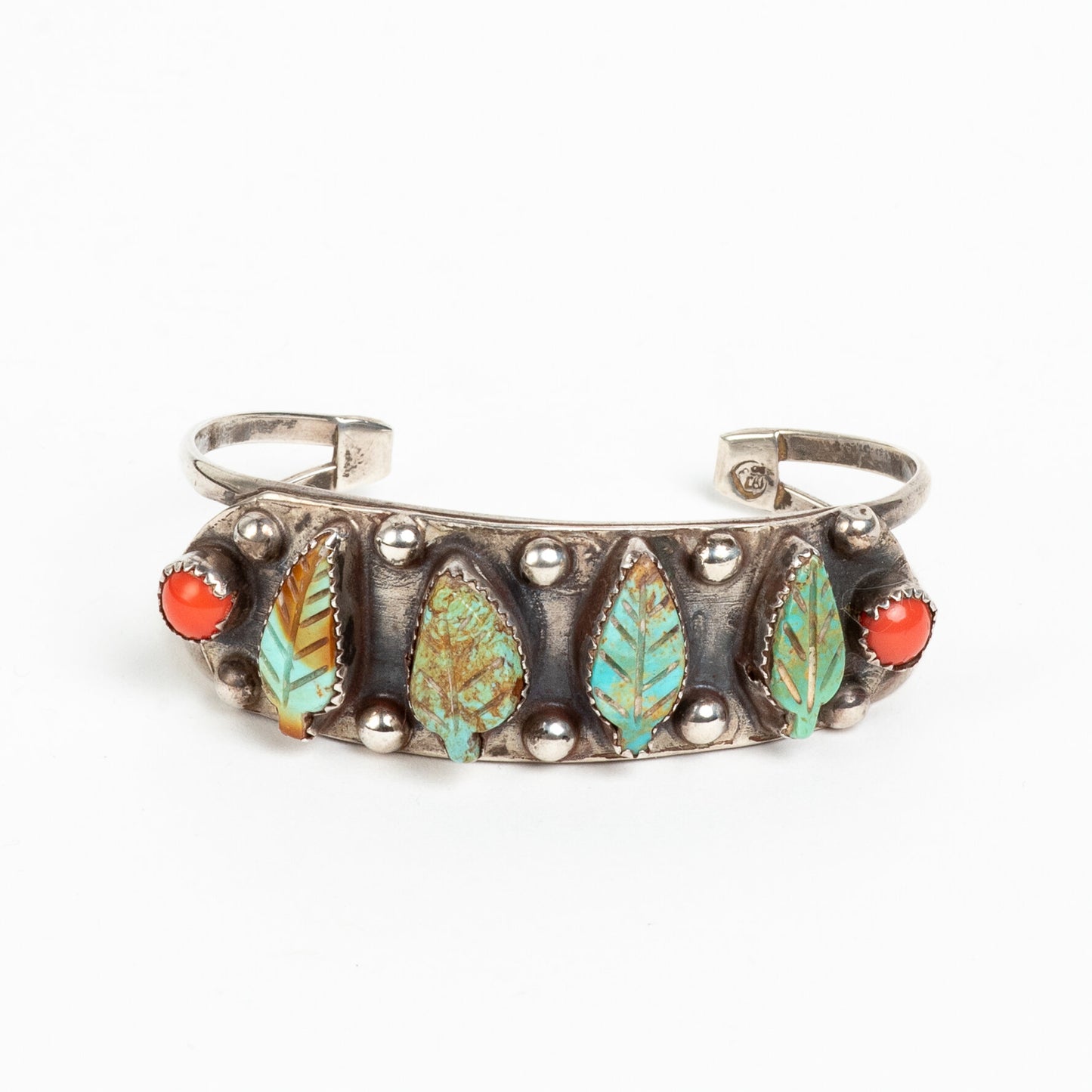BEAUTIFUL VINTAGE ARTISAN CUFF SILVER, w/ CARVED TURQUOISE & CORAL BRACELET