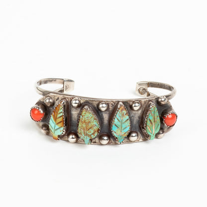 BEAUTIFUL VINTAGE ARTISAN CUFF SILVER, w/ CARVED TURQUOISE & CORAL BRACELET