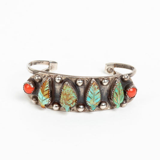 BEAUTIFUL VINTAGE ARTISAN CUFF SILVER, w/ CARVED TURQUOISE & CORAL BRACELET