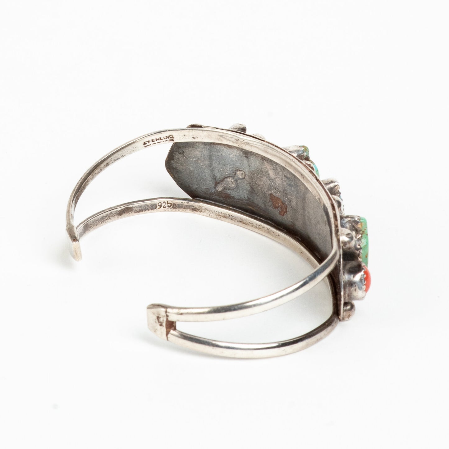 BEAUTIFUL VINTAGE ARTISAN CUFF SILVER, w/ CARVED TURQUOISE & CORAL BRACELET