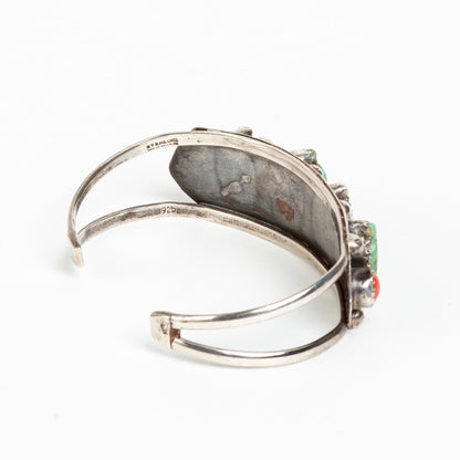 BEAUTIFUL VINTAGE ARTISAN CUFF SILVER, w/ CARVED TURQUOISE & CORAL BRACELET
