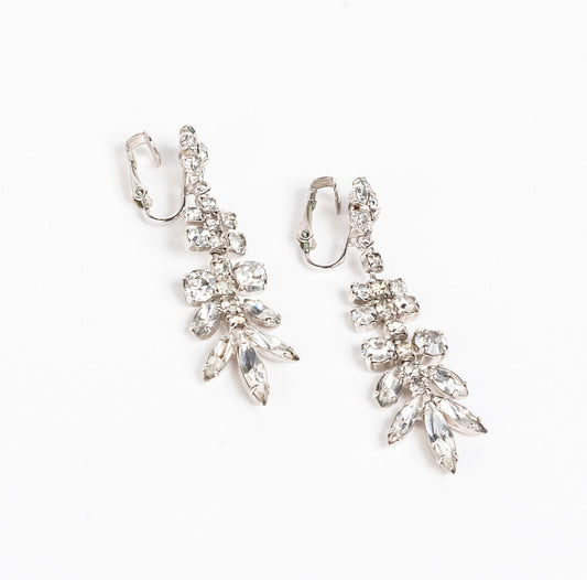 SIGNED SHERMAN CLEAR CRYSTAL RHINESTONE DANGLE CLIP ON CHANDELIER EARRINGS