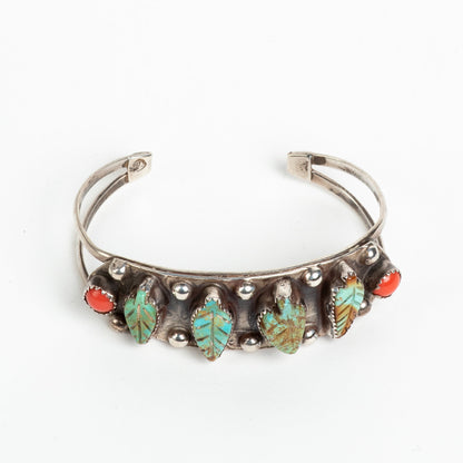 BEAUTIFUL VINTAGE ARTISAN CUFF SILVER, w/ CARVED TURQUOISE & CORAL BRACELET