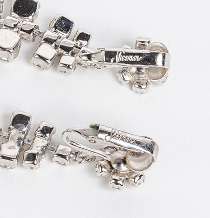 SIGNED SHERMAN CLEAR CRYSTAL RHINESTONE DANGLE CLIP ON CHANDELIER EARRINGS