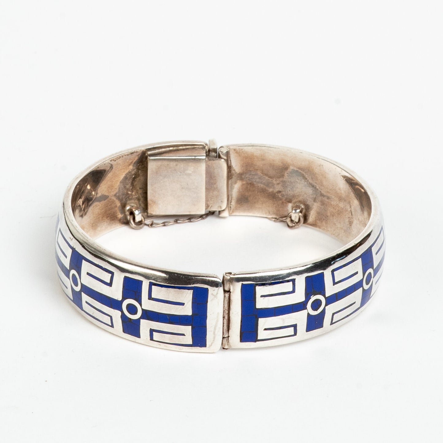 STUNNING & UNIQUE ESCORCIA SILVER INLAID ENAMEL BANGLE BRACELET w/ SAFETY CHAIN