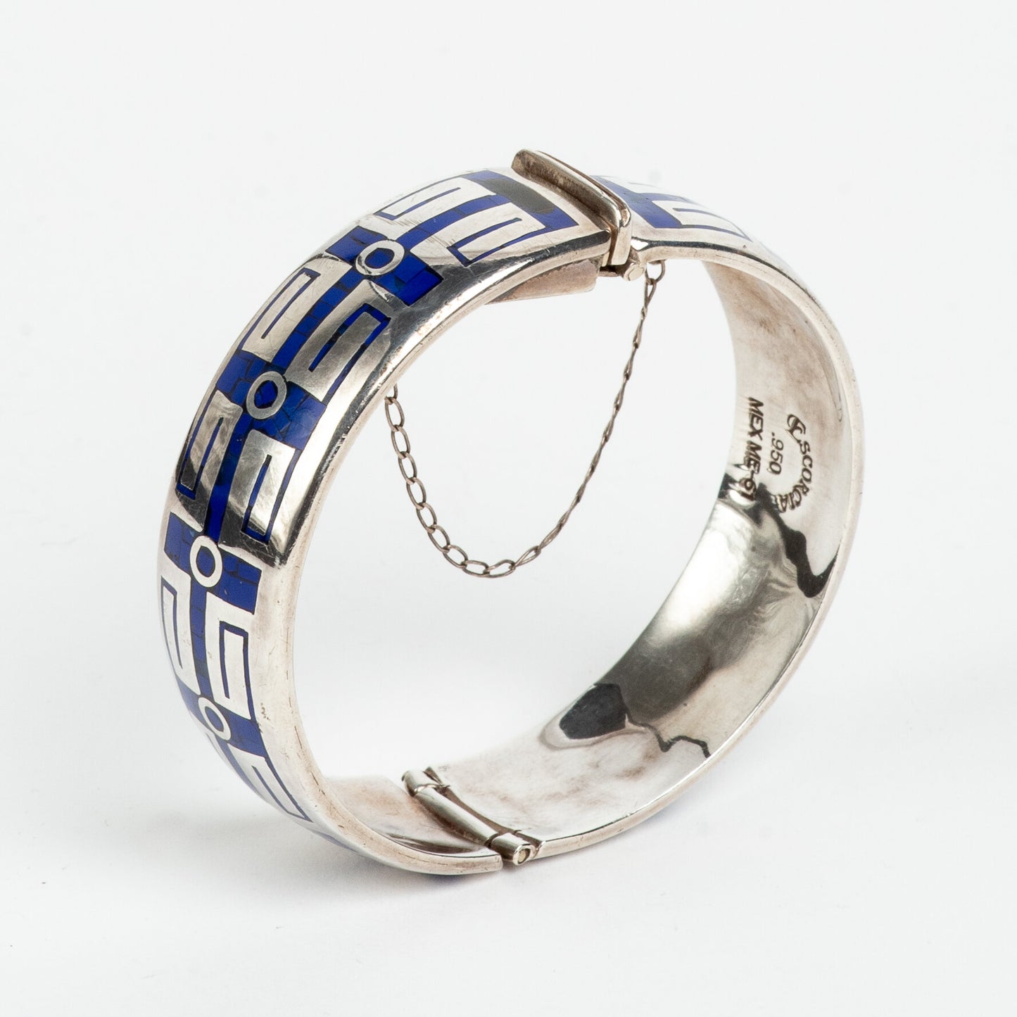 STUNNING & UNIQUE ESCORCIA SILVER INLAID ENAMEL BANGLE BRACELET w/ SAFETY CHAIN
