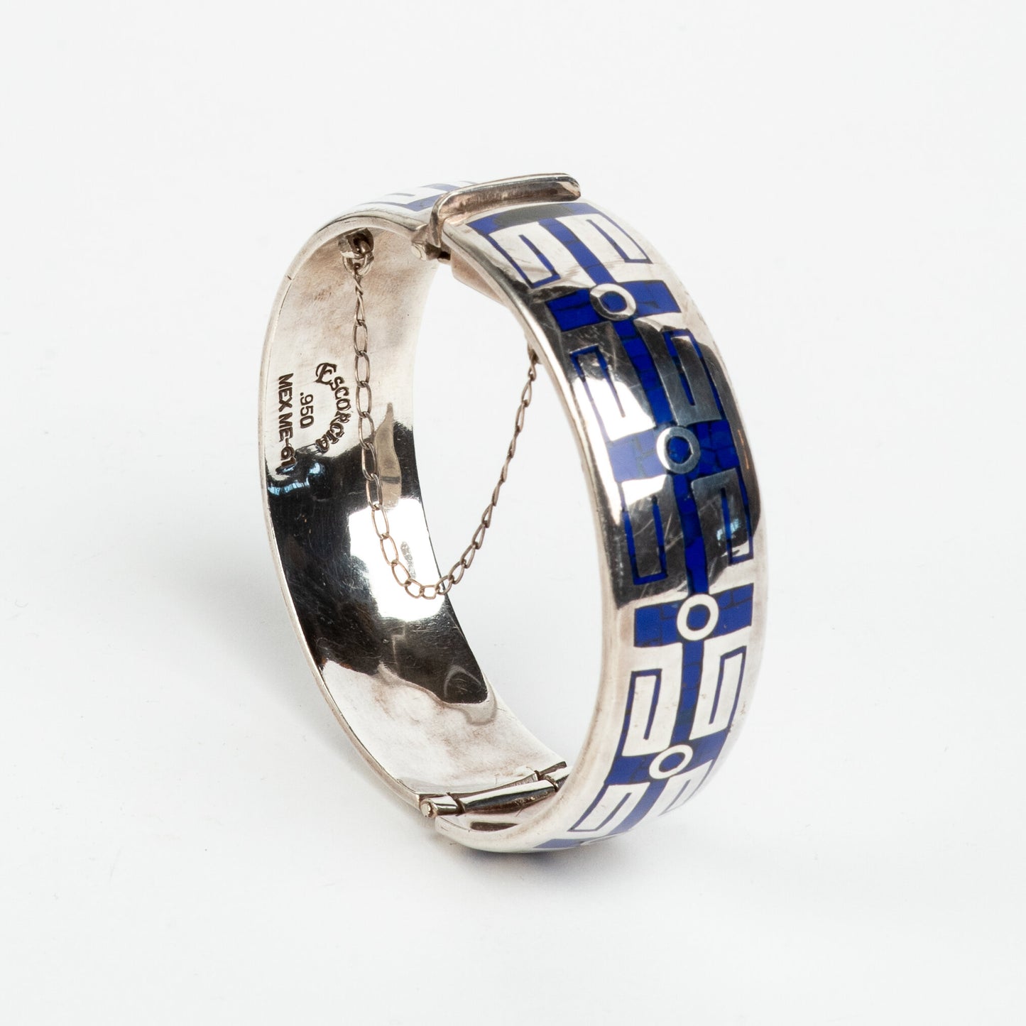 STUNNING & UNIQUE ESCORCIA SILVER INLAID ENAMEL BANGLE BRACELET w/ SAFETY CHAIN