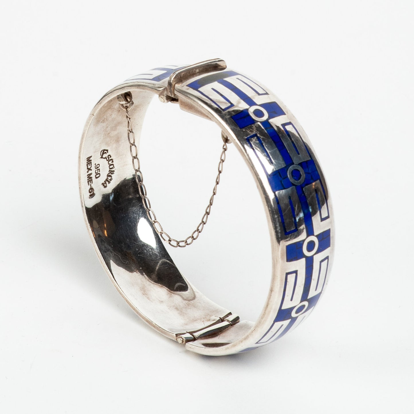 STUNNING & UNIQUE ESCORCIA SILVER INLAID ENAMEL BANGLE BRACELET w/ SAFETY CHAIN