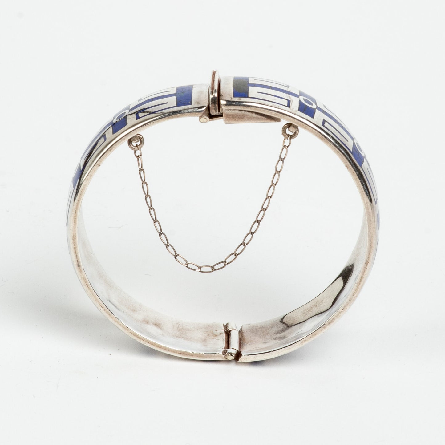 STUNNING & UNIQUE ESCORCIA SILVER INLAID ENAMEL BANGLE BRACELET w/ SAFETY CHAIN