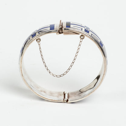 STUNNING & UNIQUE ESCORCIA SILVER INLAID ENAMEL BANGLE BRACELET w/ SAFETY CHAIN