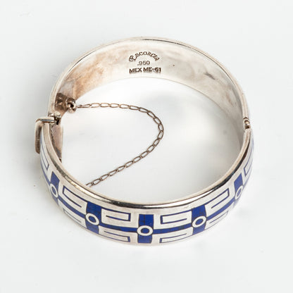 STUNNING & UNIQUE ESCORCIA SILVER INLAID ENAMEL BANGLE BRACELET w/ SAFETY CHAIN