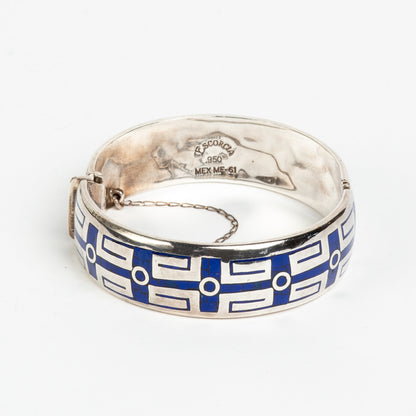 STUNNING & UNIQUE ESCORCIA SILVER INLAID ENAMEL BANGLE BRACELET w/ SAFETY CHAIN