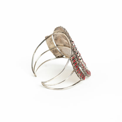 VINTAGE SIGNED NAVAJO VIOLET & JEFFREY BEGAY STERLING SILVER & CORAL INDIGENOUS CRAFT 'NEEDLEPOINT' CUFF BRACELET