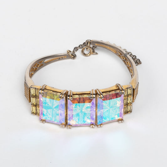 CANADIAN DESIGNED & MADE SIGNED KEYES GOLDTONE & AURORA RHINESTONE BRACELET SPRING BRACELET